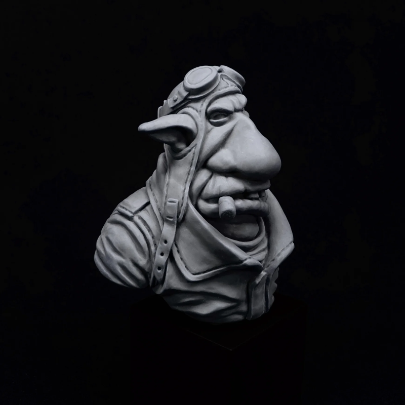 "Pappy" Goblington - goblin pilot bust to paint – 3/4 right view
